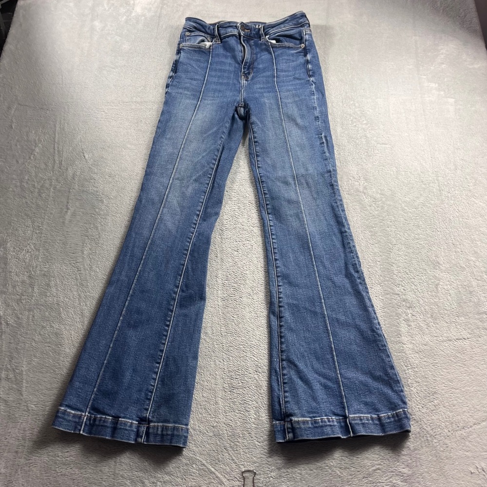 American Eagle Super Hi-Rise Flare Jeans Blue Seam Front Stretch Womens Size 4
